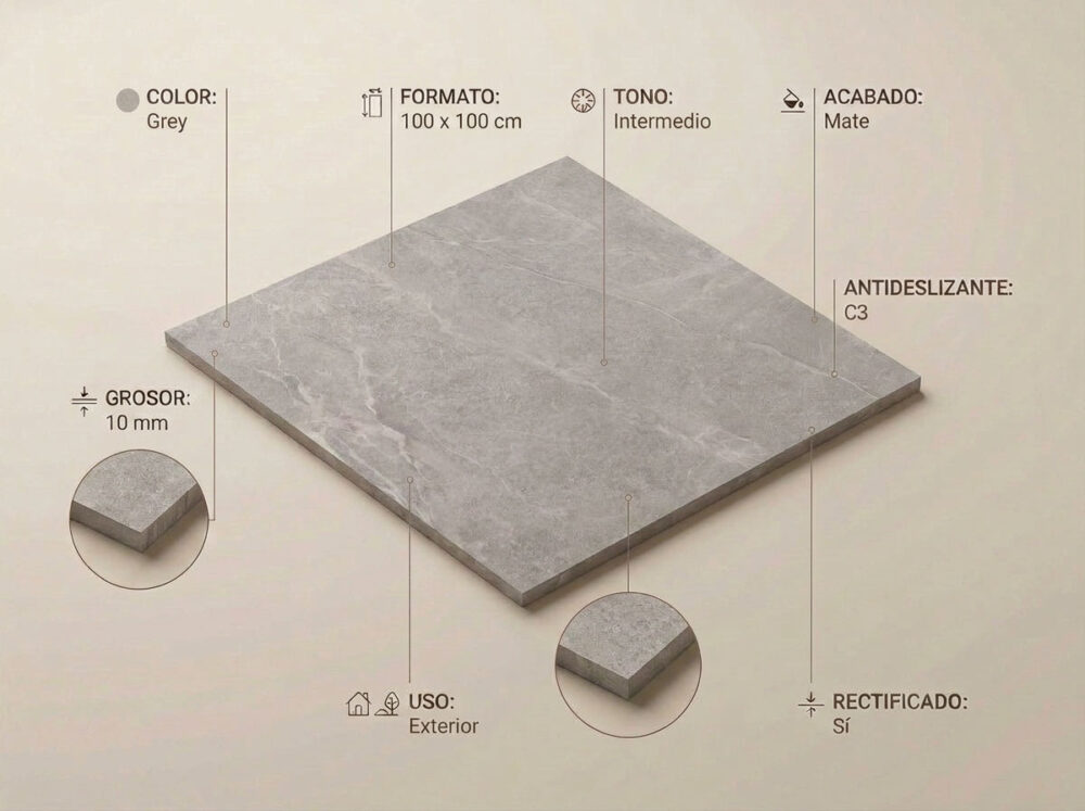 Porcelánico Lithos Grey 100×100 cm MT Rect Antid