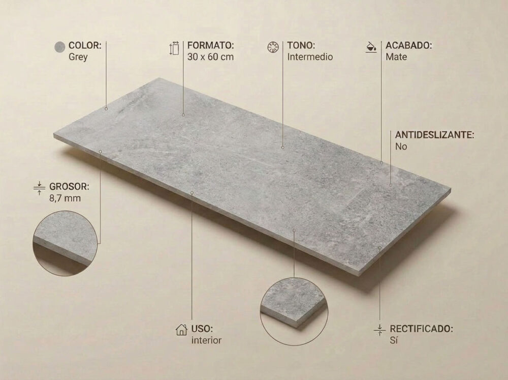 Porcelánico Lithos Grey 30×60 cm MT Rect