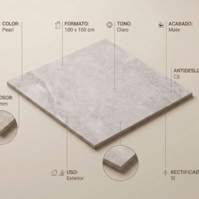 Suelo porcelánico Lithos Pearl 100x100 cm efecto cemento, mate y antideslizante para exterior.