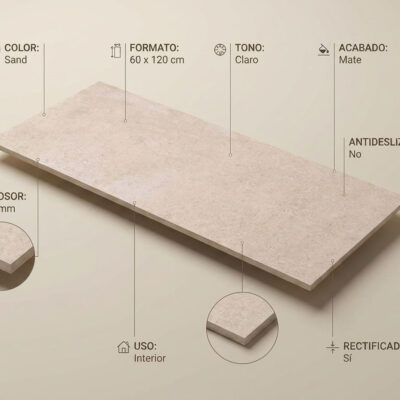 Un suelo porcelanico Lithos Sand 60x120 cm de color arena con acabado mate y bordes rectificados.