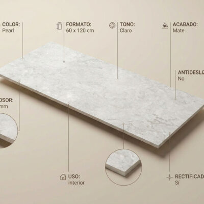 Un suelo porcelánico rectangular de color perla con efecto piedra y acabado mate. Mide 60x120 cm.