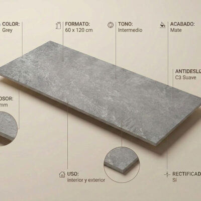 Suelo porcelánico gris Indic Grey 60x120 cm con efecto piedra y acabado mate.