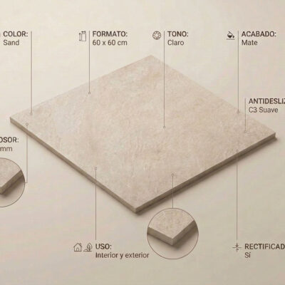 Un suelo porcelánico color arena claro con acabado mate y bordes