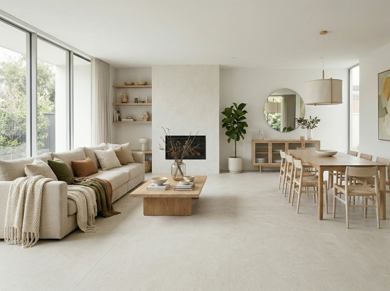 Suelo porcelánico antideslizante hardy pearl en ambiente de hogar cálido