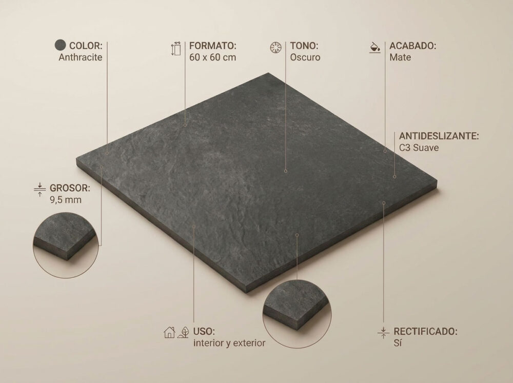 Porcelánico Indic Anthracite 60×60 cm MT Rect Nanotech