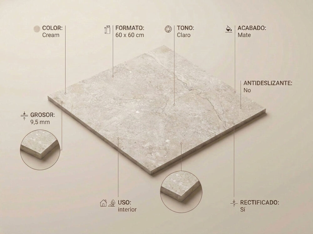 Porcelánico Gobi Cream 60×60 cm MT Rect