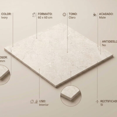 Azulejo porcelánico Gobi Ivory de 60x60 cm con acabado mate y textura de piedra clara. Su grosor es de 9.5 mm.
