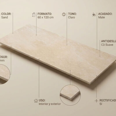 Un suelo porcelánico de imitación piedra en tono arena claro de 60x120 cm.
