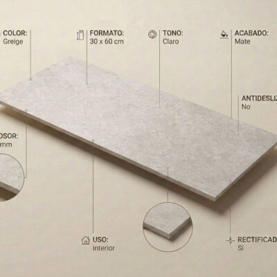 Pieza rectangular de gres porcelánico imitación piedra en color greige claro con acabado mate rectificado, formato 30×60 cm, grosor 8,7 mm, superficie con textura natural de piedra.