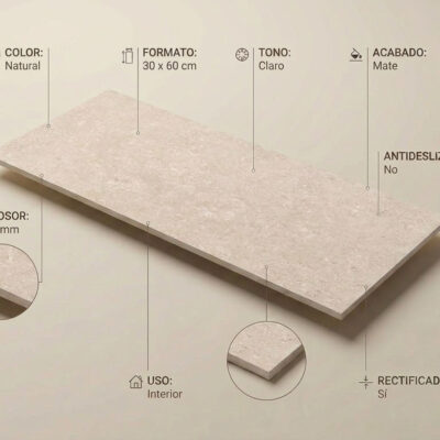 Pieza rectangular de gres porcelánico de 30×60 cm en color beige natural con textura de piedra, acabado mate y rectificado. Superficie con variaciones tonales y relieve que imita la piedra natural.