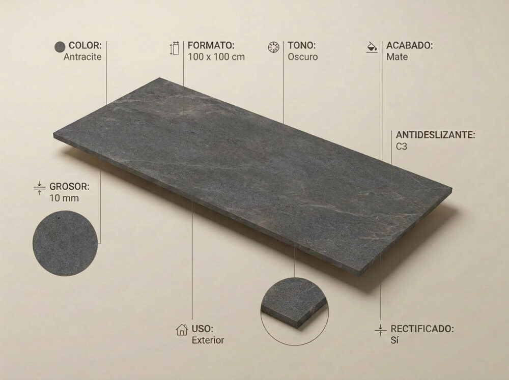 Porcelánico Lithos Anthracite 100×100 cm MT Rect Antid
