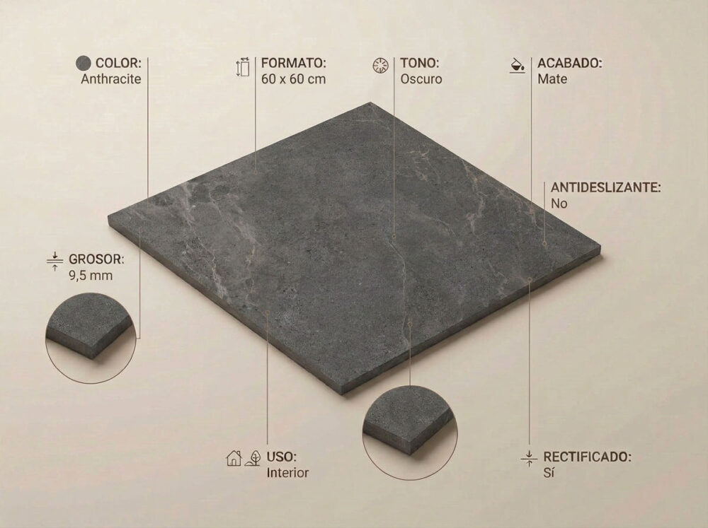 Porcelánico Lithos Anthracite 60×60 cm MT Rect