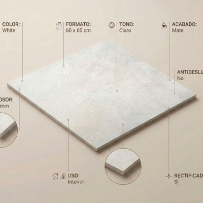 Un azulejo porcelánico blanco Lorraine White de 60x60 cm con acabado mate y bordes rectificados.