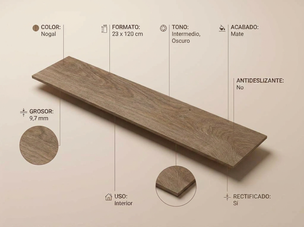 Porcelánico Haspe Nogal 23×120 cm MT Rect