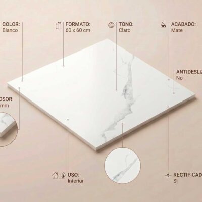 Baldosa porcelánica blanca efecto mármol con vetas grises, formato 60x60 cm y acabado