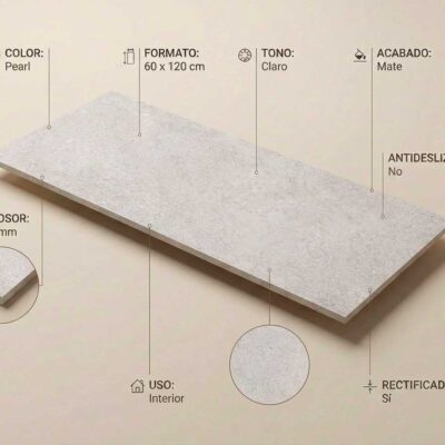 Un azulejo de suelo porcelánico rectangular color perla claro, mate y rectificado.