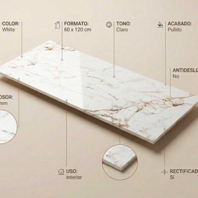 Suelo porcelánico blanco pulido con vetas mar