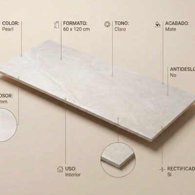 Baldosa porcelánica Austral Pearl 60x120 cm mate y rectificada con sus características.