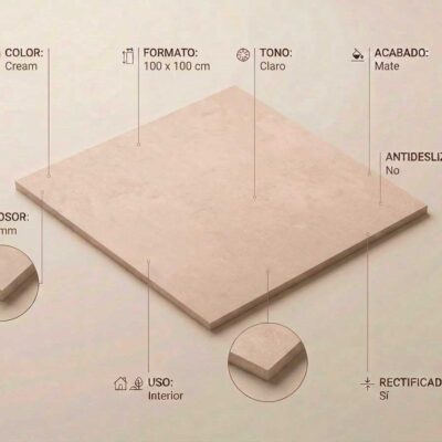 Un porcelanico Balance Cream de 100x100 cm con acabado mate y detalles técnicos.