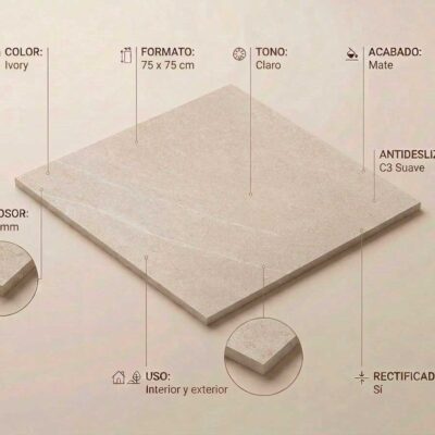 Baldosa porcelánica Bellevue Ivory 75x75 cm mate con sus características detalladas.