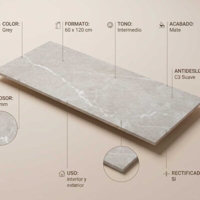 Azulejo Bodo Grey 60x120 cm Imitación Mármol Mate Rectificado