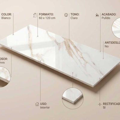 Azulejo porcelánico blanco Antik con vetas marrones y acabado pulido 60x120 cm.