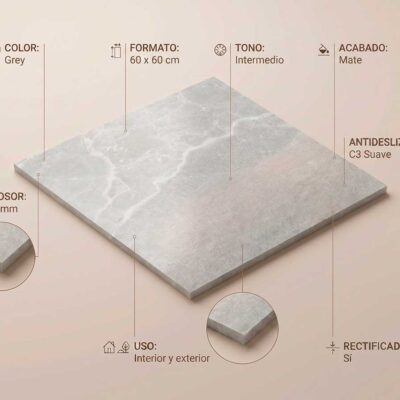 Baldosa Bodo Grey 60x60 cm gris con vetas de mármol y acabado mate. Se detallan sus características.