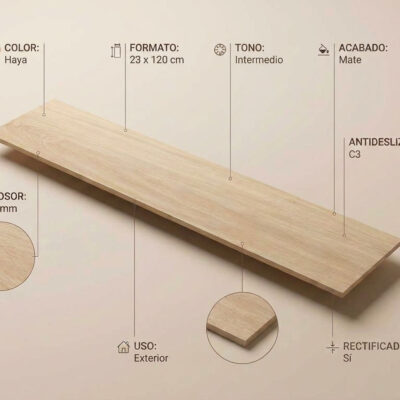 Un azulejo porcelánico Nuuk Haya de 23x120 cm con textura de madera clara y acabado mate.