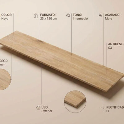 Cerámico porcelánico Vielha Haya 23x120 cm con textura de madera y acabado mate. Muestra detalles de su superficie y borde.