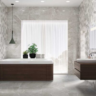 Suelo porcelánico gris Bodo Grey en baño moderno