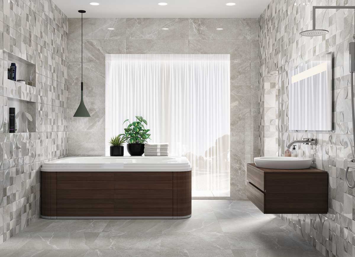 Suelo porcelánico gris Bodo Grey en baño moderno