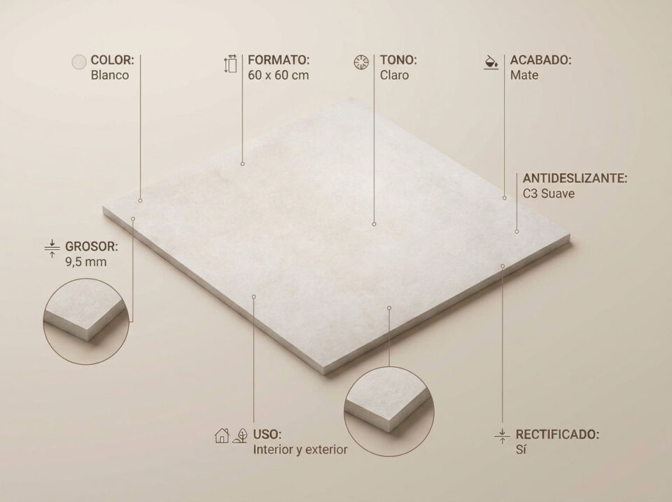 Porcelánico Lecco Blanco 60×60 cm MT Rect Slipstop