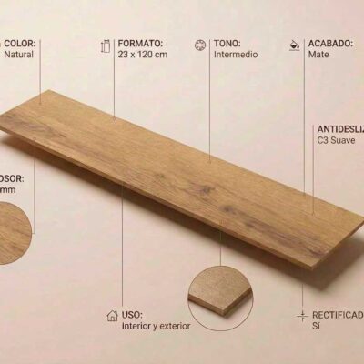 Porcelánico imitación madera Concorde Natural de 23x120 cm con acabado mate y antideslizante.