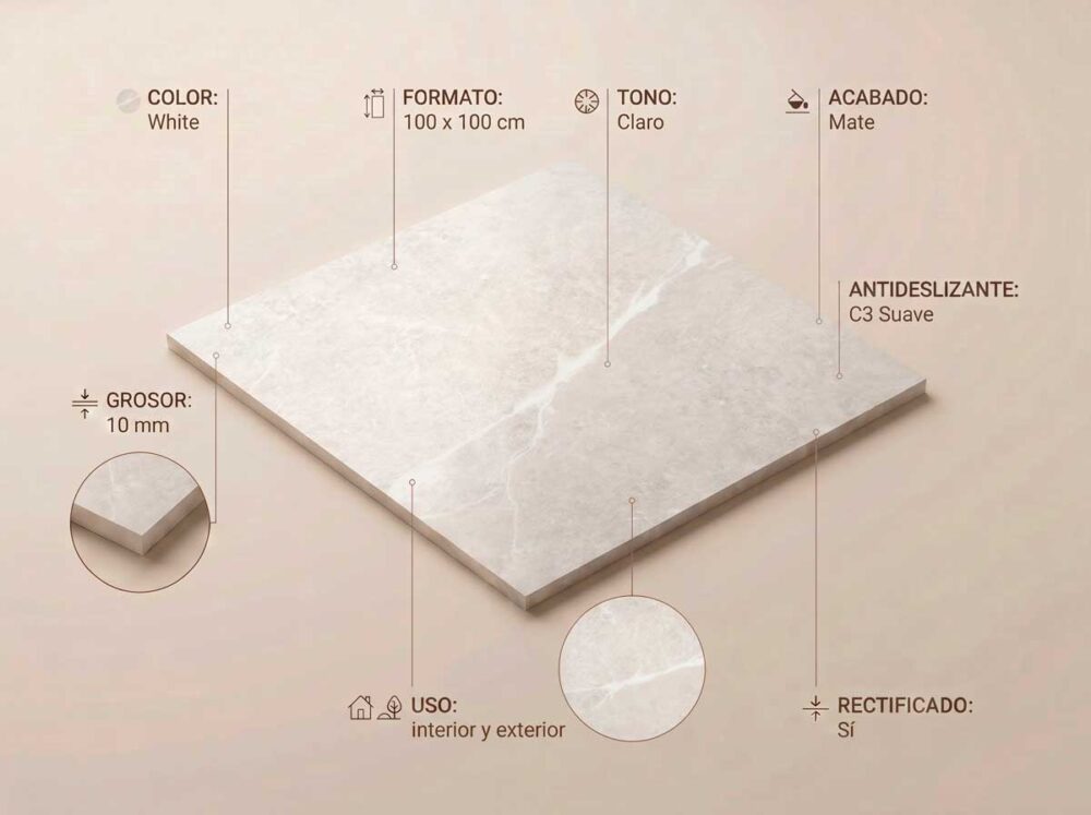 Porcelánico Bodo White 100×100 cm MT Rect Slipstop