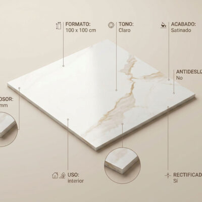 Placa rectangular de gres porcelánico de gran formato con vetas de mármol beige y dorado sobre fondo blanco, acabado satinado y rectificado, grosor 10 mm.