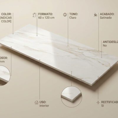 Pieza rectangular de gres porcelánico de 60×120 cm con acabado satinado rectificado, tonalidad clara con vetas grises y beige que imitan mármol natural.