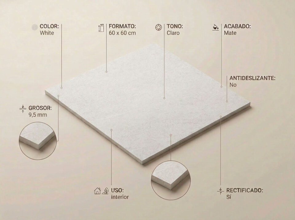 Porcelánico Halton White 60×60 cm MT Rect