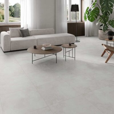 Sala de estar moderna con suelo porcelánico blanco. El suelo porcelánico aporta luminosidad al espacio.