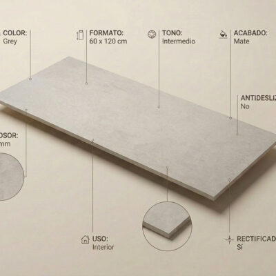 Un azulejo porcelánico gris mate de 60x120 cm y 10 mm de grosor sobre fondo neutro.
