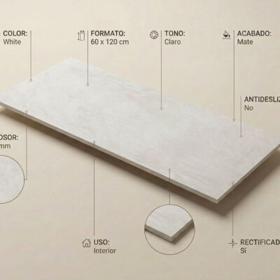 Suelo porcelánico Balance White 60x120 cm blanco mate con sus características técnicas.