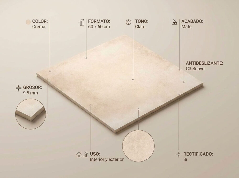 Porcelánico Lecco Crema 60×60 cm MT Rect Slipstop