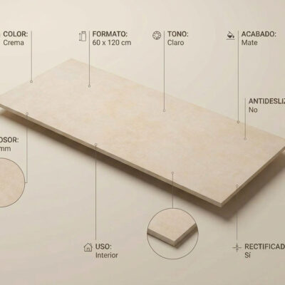Un suelo porcelánico rectangular color crema con acabado mate y bordes rectificados.