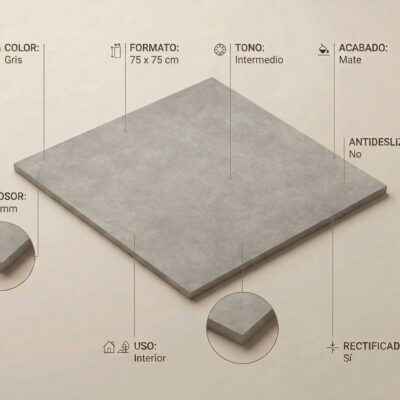 Baldosa porcelánica gris mate 75x75 cm con efecto cemento pulido y bordes rectificados.