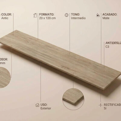 Una tabla de suelo porcelánico efecto madera Vielha Antic