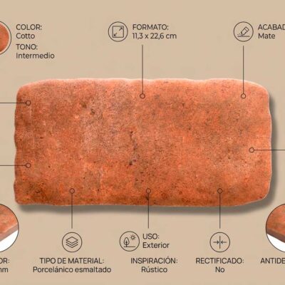 Infografía técnica de baldosa porcelánica Benissa en color cotto con tono intermedio, formato 11,3×22,6 cm, acabado mate, grosor 9-10 mm, tipo porcelánico esmaltado, inspiración rústica, antideslizante C3, uso exterior. Detalle de sección transversal y muestras de color en las esquinas.