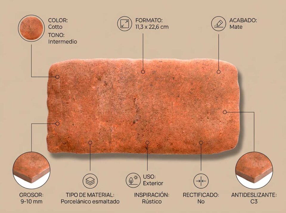 Porcelánico Benissa Cotto 11,3×22,6 cm MT Antid C3