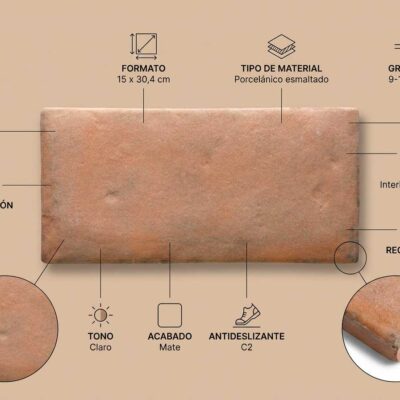 Ficha técnica de gres porcelánico en color teja con formato 15×30,4 cm, grosor 9-10 mm, acabado mate, porcelánico esmaltado antideslizante C2, apto para interior y exterior, no rectificado, inspiración rústica y tono claro.