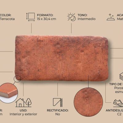 Infografía técnica de baldosa porcelánica rectangular formato 15×30,4 cm, color terracota con acabado mate, grosor 9-10 mm, apta para interior y exterior, antideslizante C2, sin rectificado.