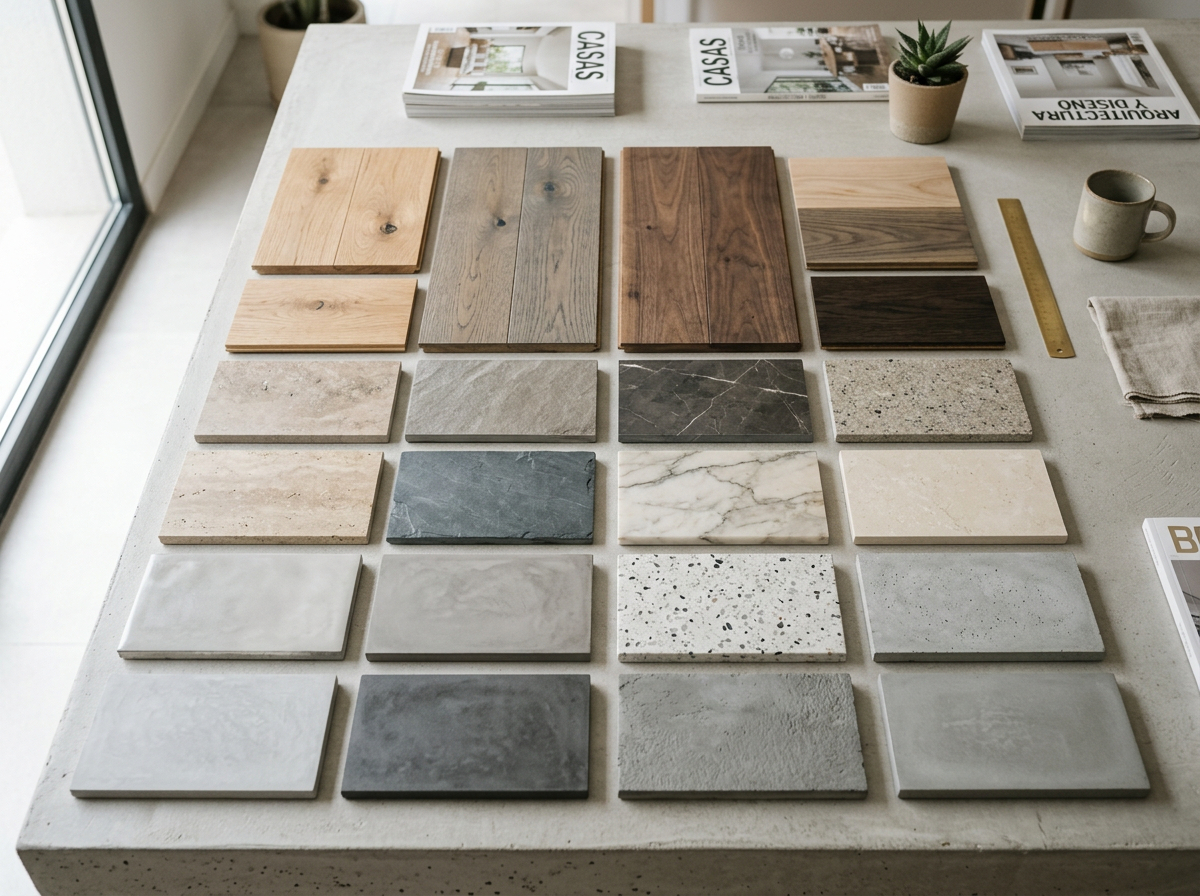 Muestras de suelos para reforma: porcelánico, madera, piedra y cemento