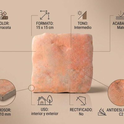 Pieza cuadrada de barro cocido de 15×15 cm con tonalidad terracota intermedia, superficie mate y textura rústica irregular. Grosor de 9-10 mm visible en el detalle del canto.